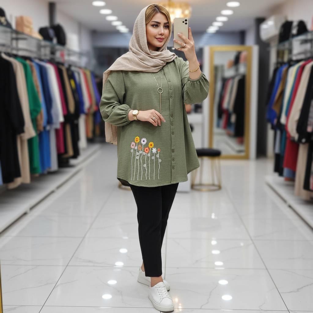 تونیک زنانه مدل جلو دکمه طرح گلدوزی فری 🩷