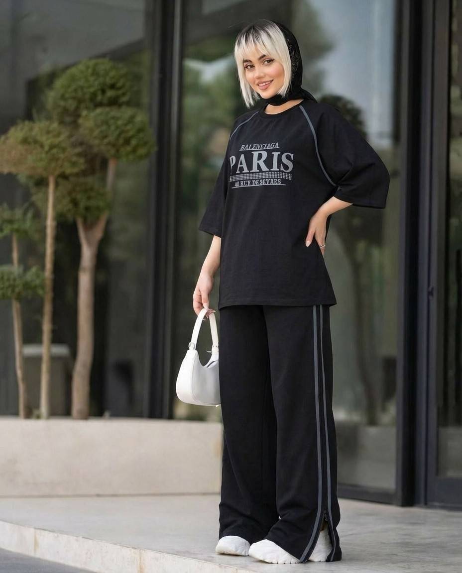ست تیشرت شلوار زنانه مدل paris رنگ مشکی فری 🩷