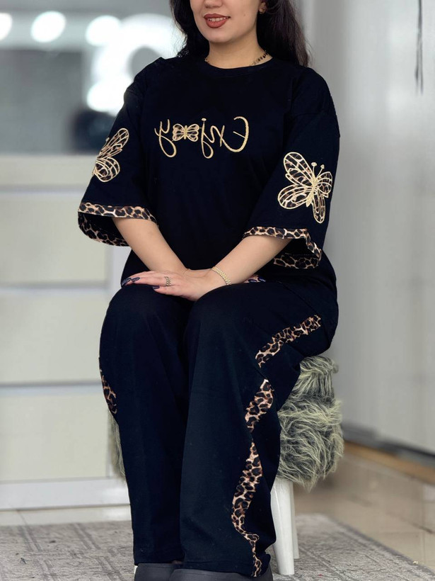 ست تیشرت شلوار زنانه مدل گیلدا رنگ مشکی فری🩷