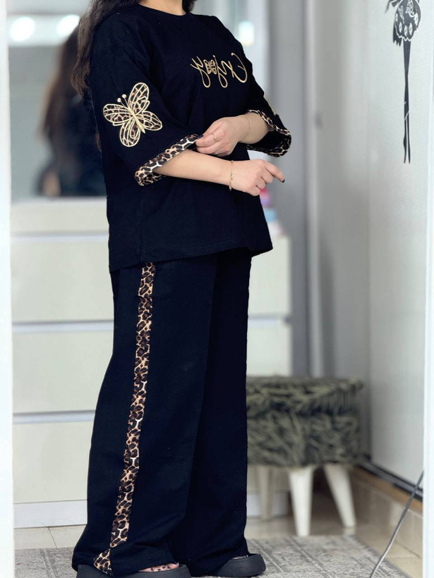 ست تیشرت شلوار زنانه مدل گیلدا رنگ مشکی فری🩷