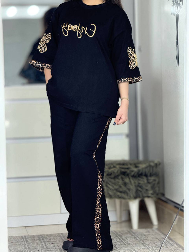 ست تیشرت شلوار زنانه مدل گیلدا رنگ مشکی فری🩷
