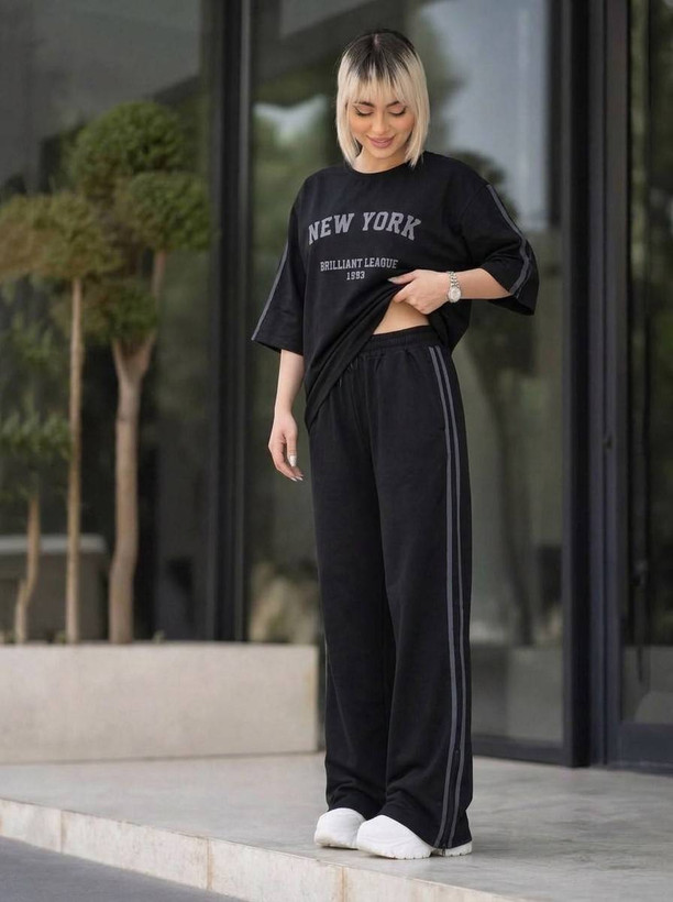 ست تیشرت شلوار زنانه مدل NEW YORK رنگ مشکی 🩷