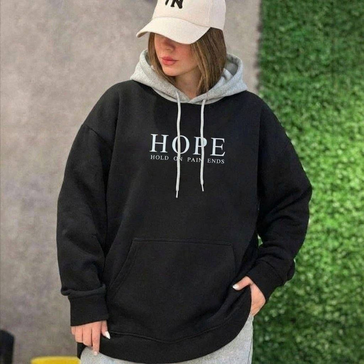 هودی تو کرکی زنانه مدل HOPE رنگ مشکی 🩷