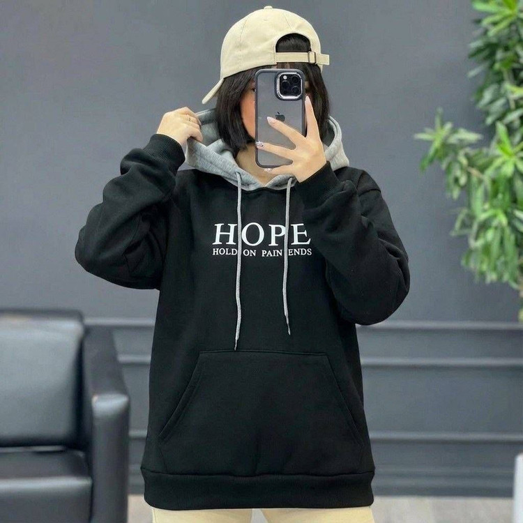 هودی تو کرکی زنانه مدل HOPE رنگ مشکی 🩷