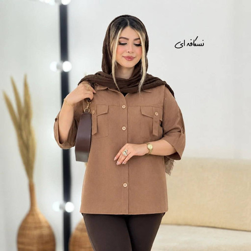 شومیز مانتویی تابستونی لینن رنگ نسکافه ای 🩷